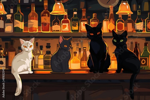 Happy hour with cats in the bar background -