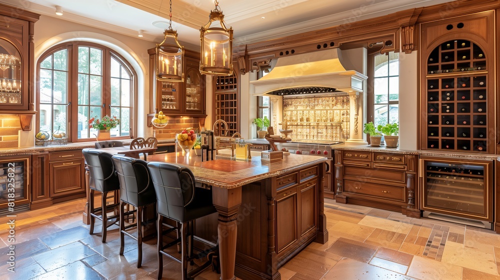 A luxury kitchen with a wine cellar, custom cabinetry, and a large island with seating 