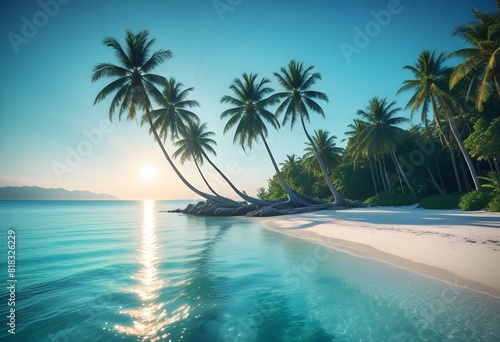 Sunny tropical Caribbean beach with palm trees, Turquoise Water, hot summer day, Summer Background, Sandy tropical beach with island on background  © Saqib