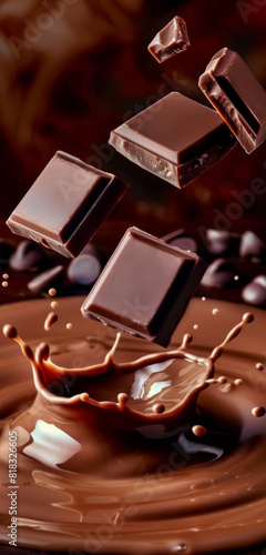 A chocolate bar is falling into a chocolate puddle