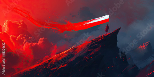 Red Dawn of a New Era - A solitary figure, banner in hand, ascends a verdant hill, as if guiding a beacon of change. Vibrant rays of crimson light bathe the landscape, heralding a new dawn for the nat photo