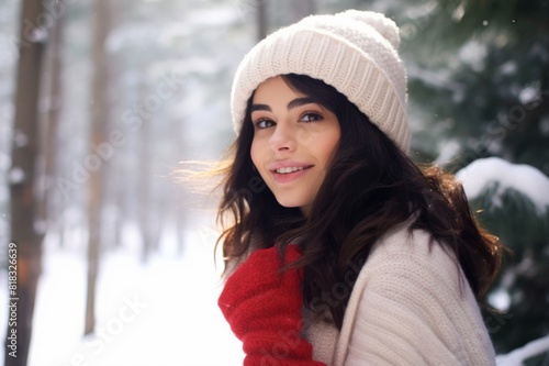 portrait of happy young woman in winter forest