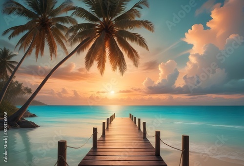 Sunny tropical Caribbean beach with palm trees  Turquoise Water  hot summer day  Summer Background  Sandy tropical beach with island on background 