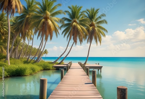 Sunny tropical Caribbean beach with palm trees, Turquoise Water, hot summer day, Summer Background, Sandy tropical beach with island on background  © Saqib