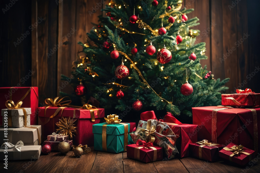 A christmas tree with presents under it and a christmas tree in the background. Holidays background decoration
