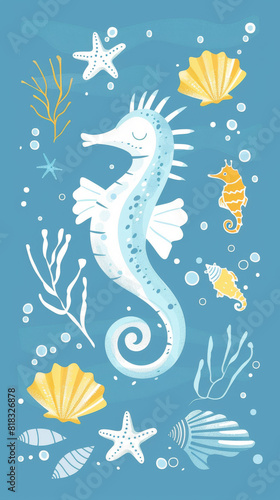 A blue and yellow drawing of a seahorse and various sea creatures