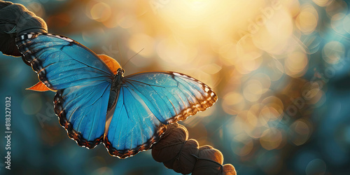 Elegant Metamorphosis: Sky Blue Hope Soars - A stunning blue butterfly spreads its wings with grace, signifying renewal and the promise of a brighter future, evoking feelings of hope and inspiration. photo