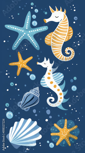 A blue and white background with a variety of sea creatures including a starfish