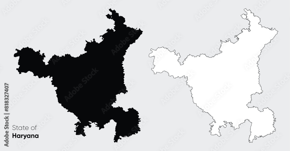 Fototapeta premium Haryana vector map set with Black and white fill atlas on grey background. Location map of Haryana, a state in North India vector illustration with cutout National Capital territory New Delhi NCR area
