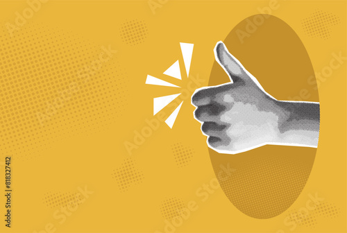 hand with ok, like gesture, collage in trendy pop art magazine halftone style, women's fist, orange background 