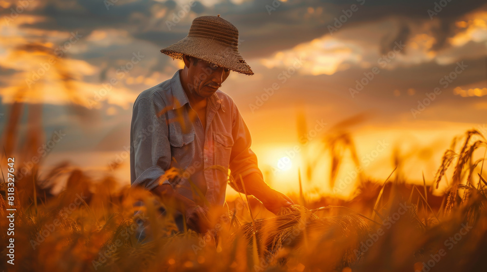 Farmer in hat examining wheat crop in field during a vibrant sunset, focusing on agricultural quality.