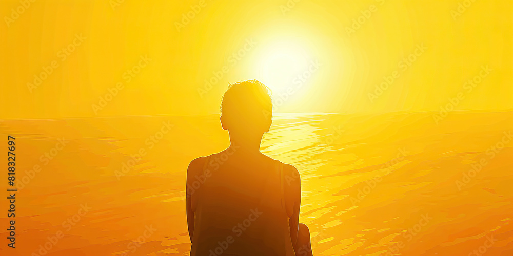 Sunset Yellow Transformation: Embrace the Light - A person sits in front of a breathtaking sunset, their back turned towards the viewer, radiating warmth and optimism in the golden yellow light