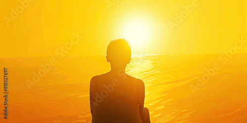 Sunset Yellow Transformation  Embrace the Light - A person sits in front of a breathtaking sunset  their back turned towards the viewer  radiating warmth and optimism in the golden yellow light