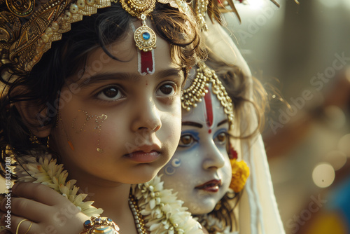  Indian festival Krishna Janmashtami. Janmashtami poster design, Janmashtami Concept. cute baby boy dressed up as little krishna. photo