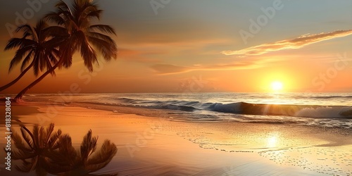 Palm Trees on a Colorful Beach at Dusk: A Serene Image. Concept Beach, Palm Trees, Dusk, Serene Image, Colorful