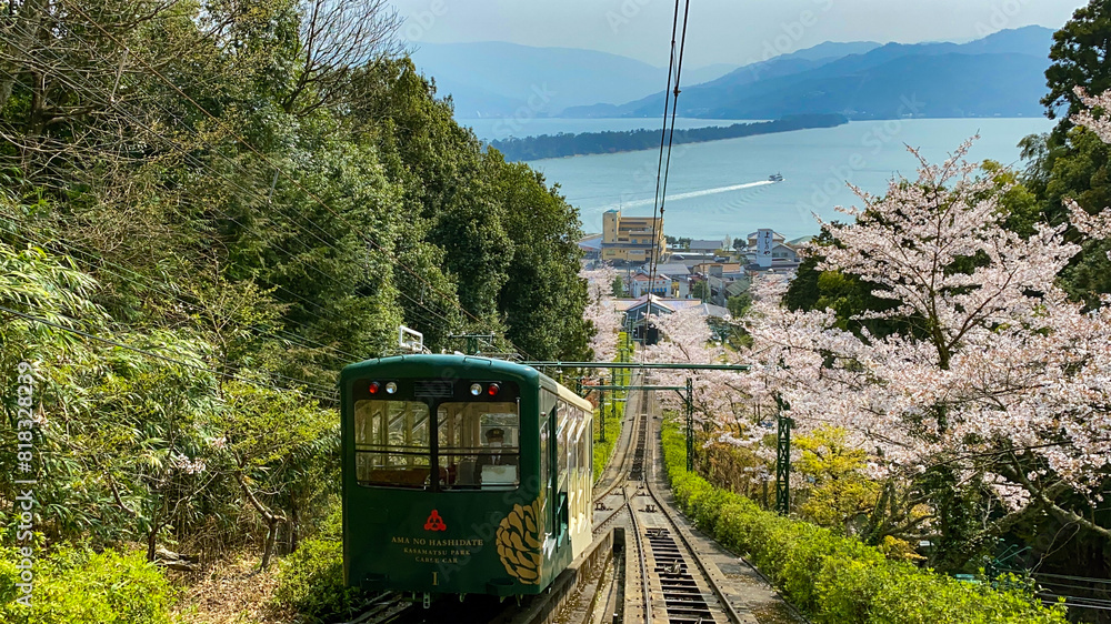Obraz premium Cable car heading to the viewing spot at Amanohashidate, Japan.