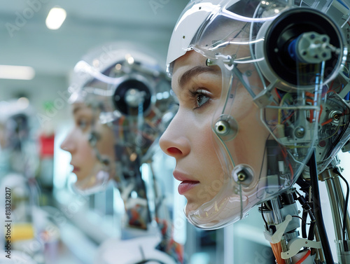 Portrait of female AI robots in a lab