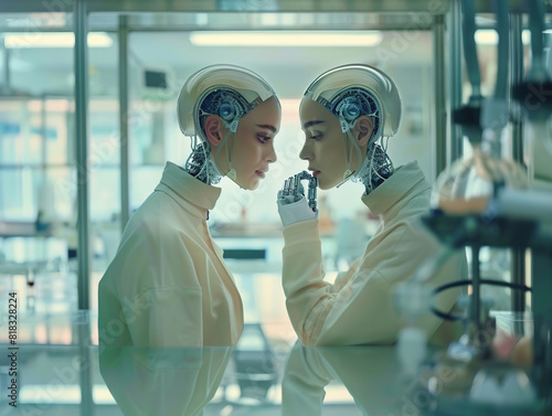 Portrait of female AI robots in a lab