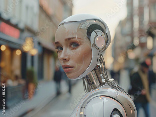 Portrait of female AI robot at the street