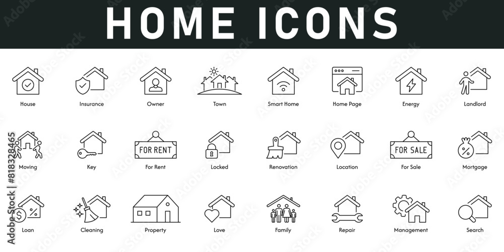Home Icons vector illustration with thin line editable stroke containing insurance, landlord, renovation, location, mortgage, loan, property, management, search, for sale, for rent, town, smart home Home Icons vector illustration with thin line editable stroke containing insurance, landlord, renovation, location, mortgage, loan, property, management, search, for sale, for rent, town, smart home