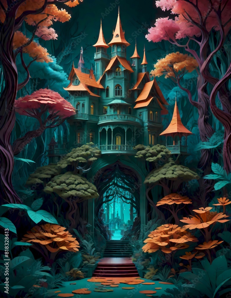 Vibrant paper sculpture of a forest scene and a haunted mansion, showcasing the intricate details of handcraft and the imaginative use of paper, Generative AI.