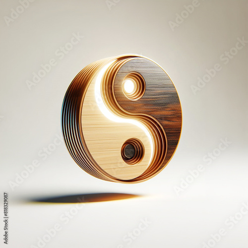 Yin Yang Symbol für Energie aus Holz, wie verschmelzende Energien als 3D Objekt schwebend, Hintergründe und Vorlage für spirituelle und Design Inhalte hell leuchtend Kreis rund Perlen, Balance, dao 