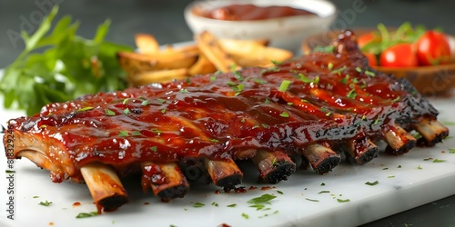 Classic Comfort Food: Succulent BBQ Ribs with Savory Sauce and Popular Sides. Concept BBQ Ribs, Savory Sauce, Comfort Food, Popular Sides, Succulent Flavor photo