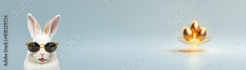Banner Hase Osterhase mit Sonnenbrille im Hintergrund  schweben leuchtend 3 goldene Eier Ostereier, Vorlage für Ostern Feiertage mit freier Fläche zur Deko Gestaltung von Webseiten Werbung Grüße