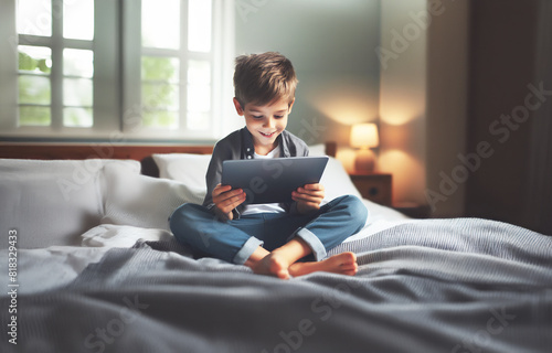 ein Kind Junge sitzt lächelnd barfuß auf Bett und hält Tablet Pad in Händen, schaut fasziniert auf moderne Technik, entspannte helle Umgebung zu Hause, Freizeit Hobby Erfahrung in der Kindheit, allein © www.barfuss-junge.de