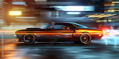 Racing Muscle Car in Urban Night Scene: Digitally Enhanced Image. Concept Urban Night Scene, Muscle Car, Racing, Digital Enhancement, Automotive Photography