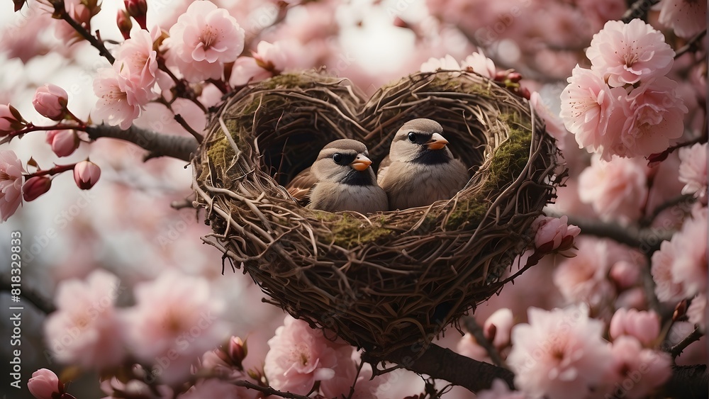 Heart shaped nest with two sparrow birds. Modern house cherry blossom garden background Heart shaped nest with two sparrow birds. Modern house cherry blossom garden background