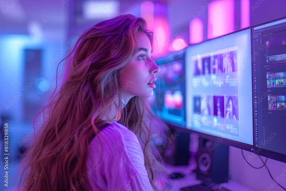 Focused Woman Editing Video in Neon-Lit Studio, Tech-Savvy and Creative, Perfect for Tech and Media Industry, Modern Work Environment Focused Woman Editing Video in Neon-Lit Studio, Tech-Savvy and Creative, Perfect for Tech and Media Industry, Modern Work Environment