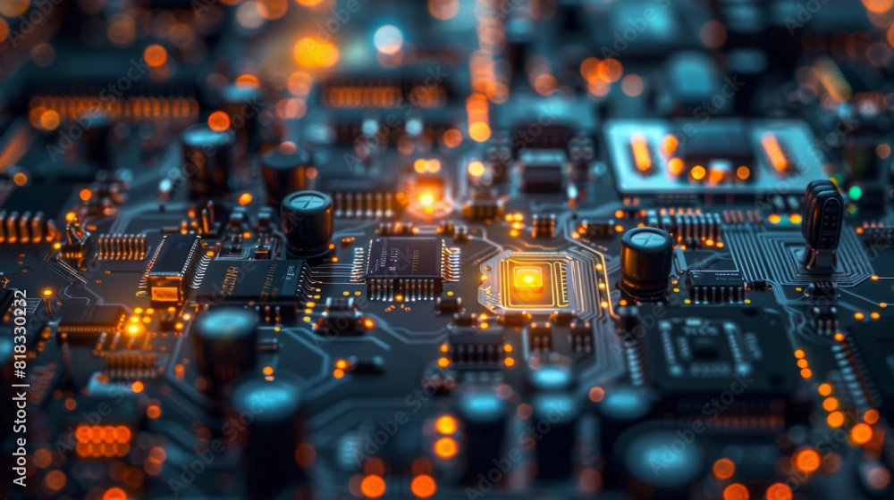 Macro close-up of a detailed and intricate electronic circuit board highlighting technological sophistication. Macro close-up of a detailed and intricate electronic circuit board highlighting technological sophistication.