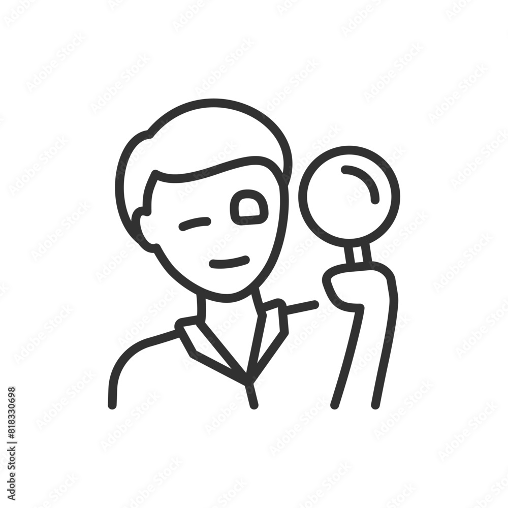 A person with a magnifying glass, linear icon. Examining through a magnifying glass. Line with editable stroke A person with a magnifying glass, linear icon. Examining through a magnifying glass. Line with editable stroke