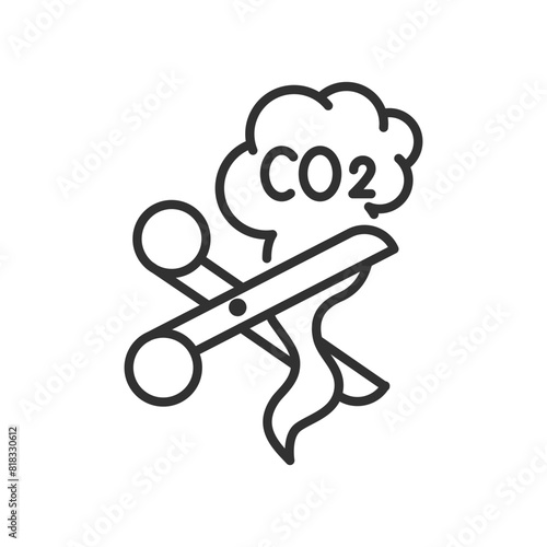 Reducing carbon dioxide emissions, linear icon, scissors cut CO2 cloud. Line with editable stroke