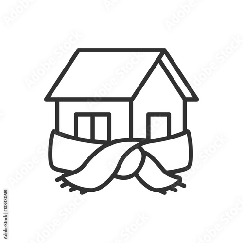 Insulating a house, linear icon. The house in a scarf. Interpretation of home insulation. Line with editable stroke