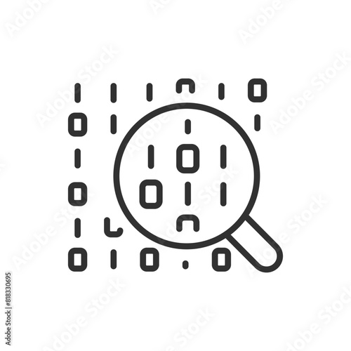 Analyse and decipher a code, linear icon. Digital code and magnifier. Line with editable stroke