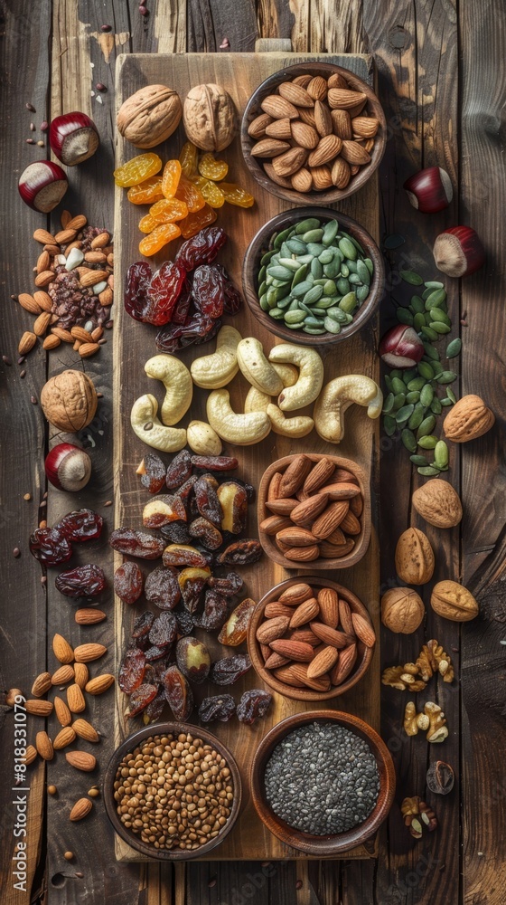 Many different kinds of nuts and nuts on a wooden table, food background Many different kinds of nuts and nuts on a wooden table, food background
