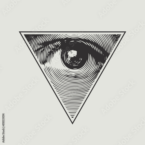 The eye of Providence in a triangular pyramid. Monochrome icon of the Masonic sign of the All-Seeing Eye of God on white background. Vector banner in vintage style