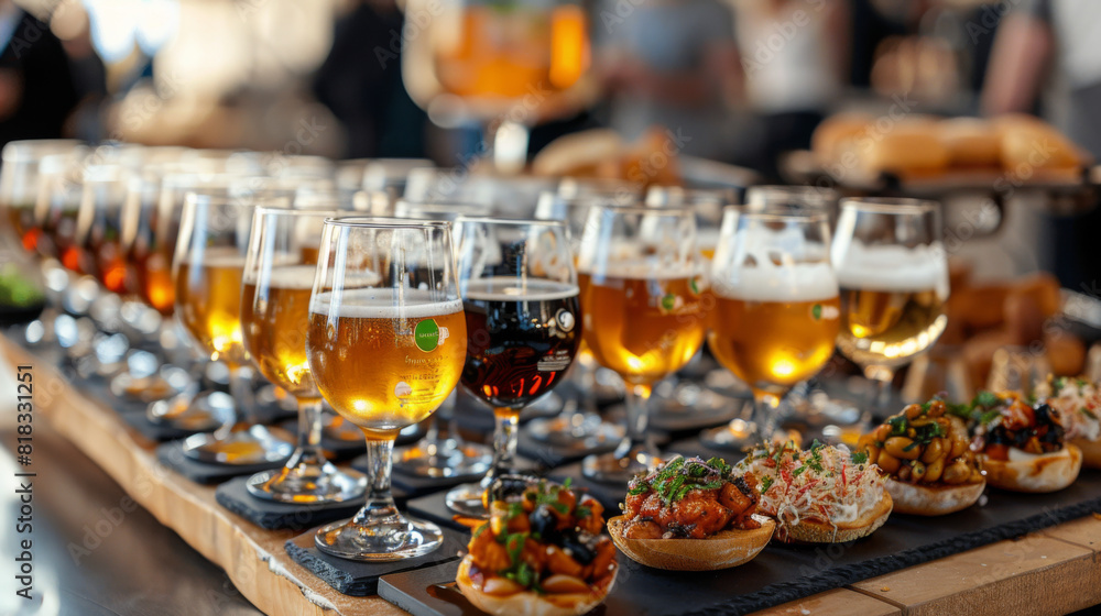 A table lined with glasses of beer ranging from pale ale to stout, paired with gourmet appetizers at a tasting event.
