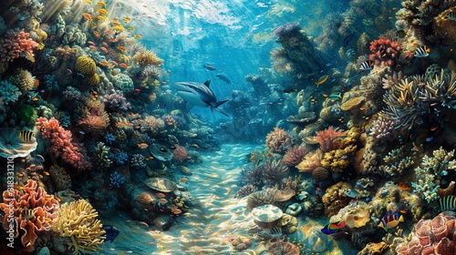   A vibrant underwater painting showcases corals  fish  and diverse marine life at the ocean floor