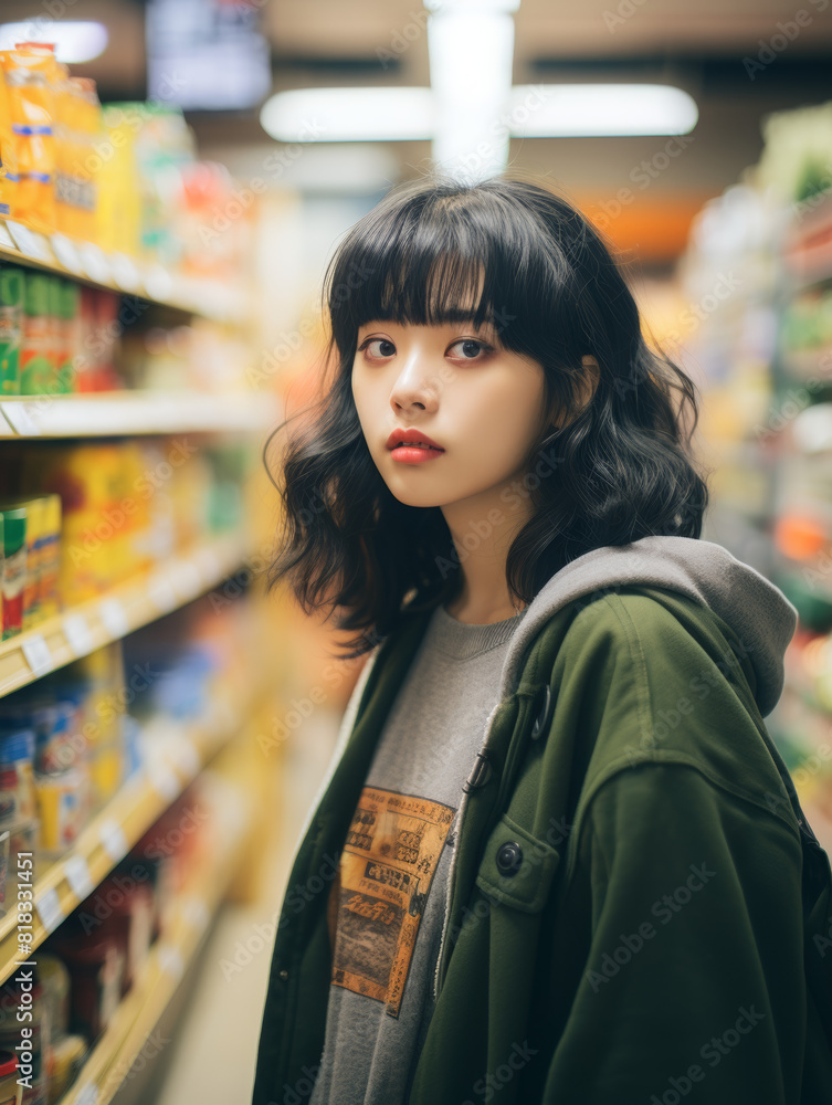 スーパーマーケットで買い物をしているアジア人女性
