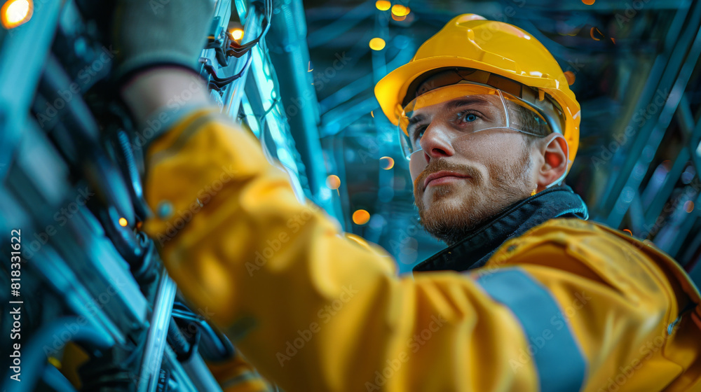 Skilled electrician focused on fixing complex industrial machinery, surrounded by vibrant sparks and wearing safety gear. Skilled electrician focused on fixing complex industrial machinery, surrounded by vibrant sparks and wearing safety gear.
