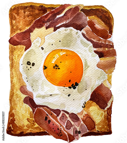 Watercolor set of different toasts with various topping isolated, collection of wheat sandwiches illustration,  toasted bread with butter, fried eggs, cheese and hum for design. photo