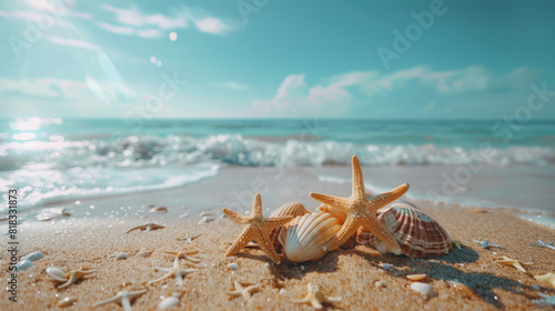 Peaceful beach scene featuring starfish and shells on warm sandy shores under a clear blue sky, evoking a tranquil vacation vibe.