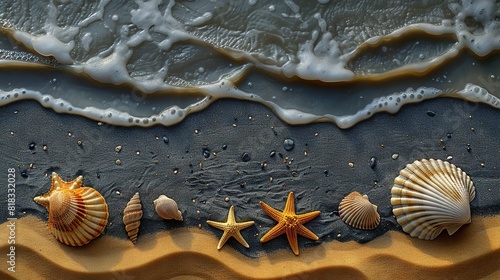  A cluster of shells resting on a sandy seashore near waves breaking