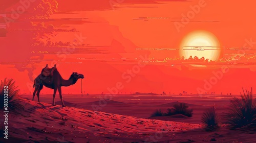 A pixelated camel trekking across a dune  medium pixel art. AI generate illustration