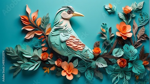 Illustration of a paper art bird  stylized paper flowers and leaves on light turquoise background