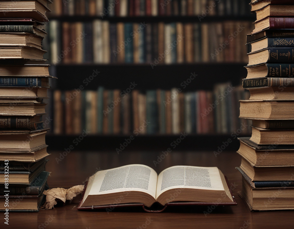 old classic library with an open book and stacks of books on a table against the background of bookshelves old classic library with an open book and stacks of books on a table against the background of bookshelves