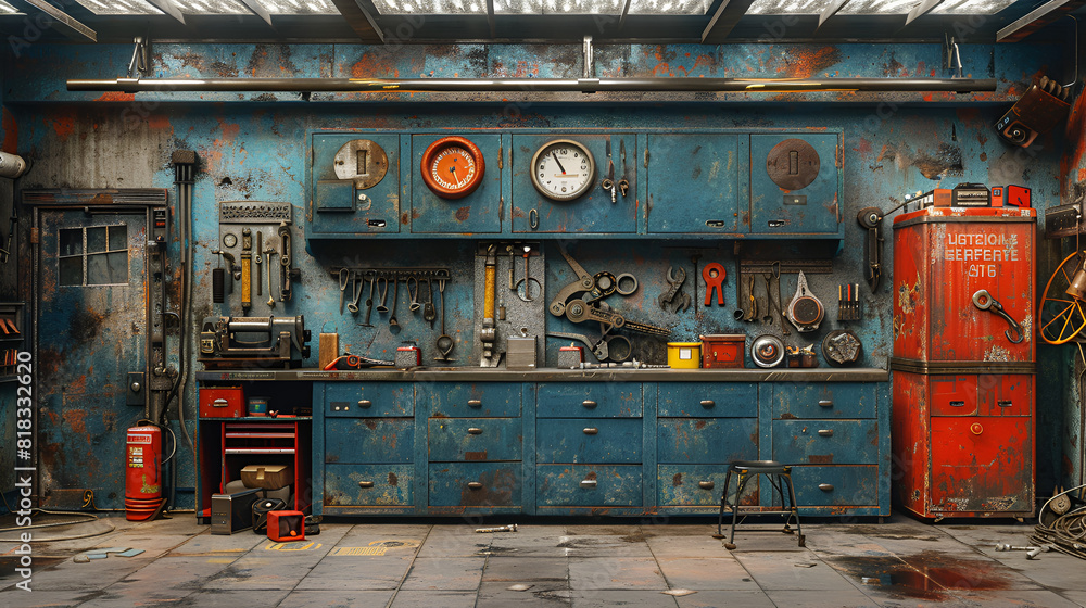 Interior Garage Scene with Mechanical Tools,
 A mechanics workshop filled with car parts and diagnostic equipment
